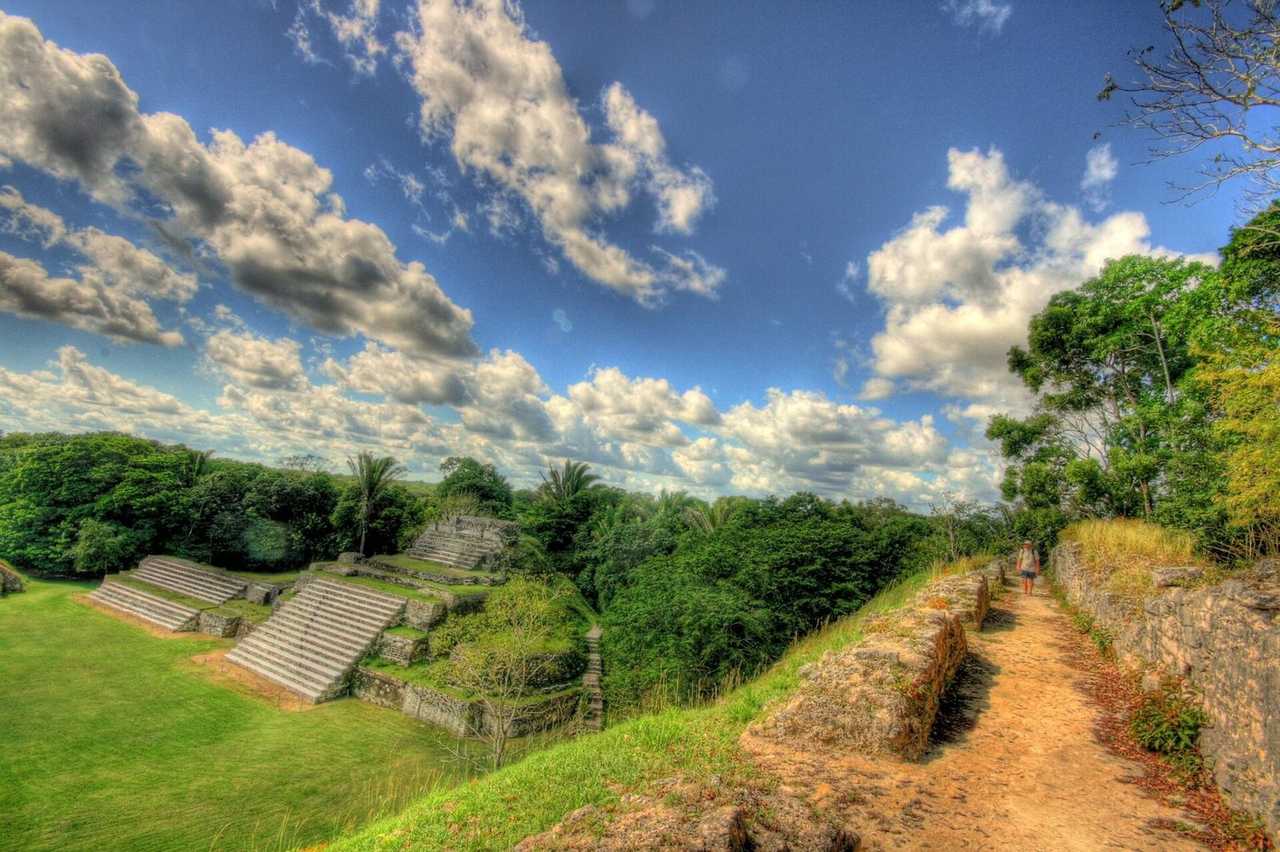 Altun Ha Mayan temple complex, Belize, day, blue sky with cumulus