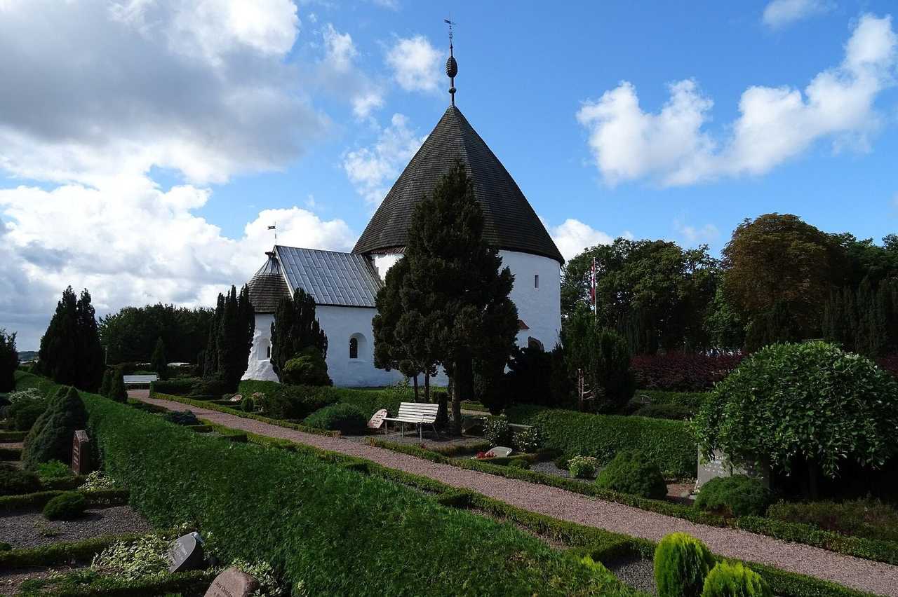 Ny Kirke round church, Bornholm (Rønne call), day, blue sky with white clouds
