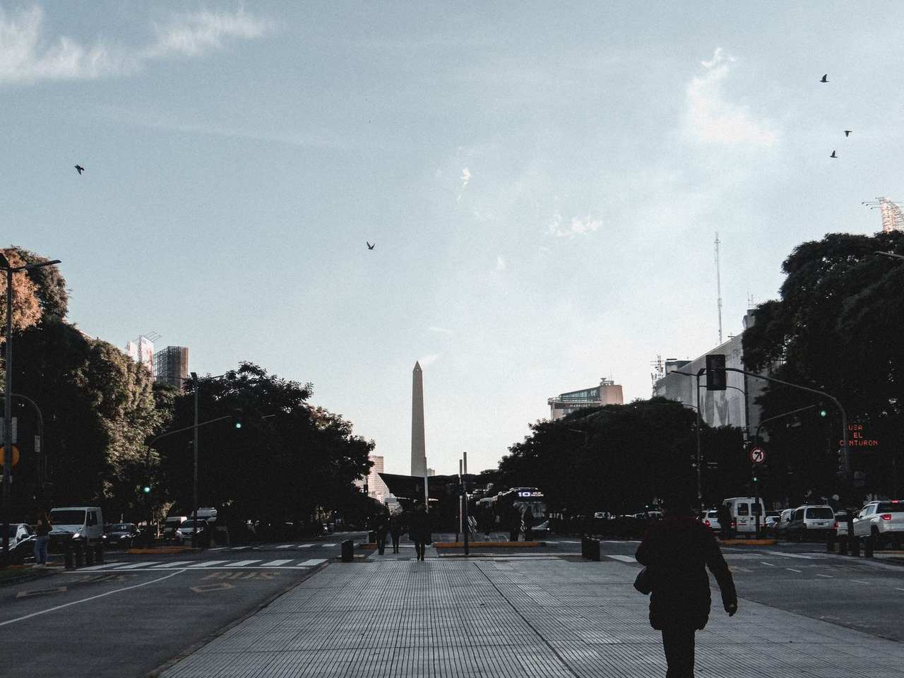 Obelisco de Buenos Aires down Avenida 9 de Julio through trees, day, pale blue sky