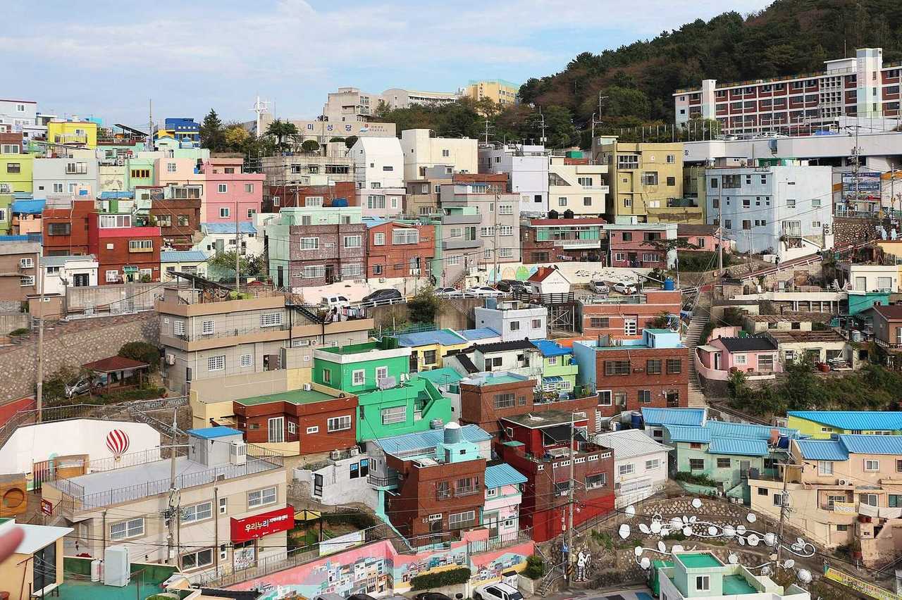 Gamcheon Culture Village colourful hillside houses, Busan, day, pale blue sky