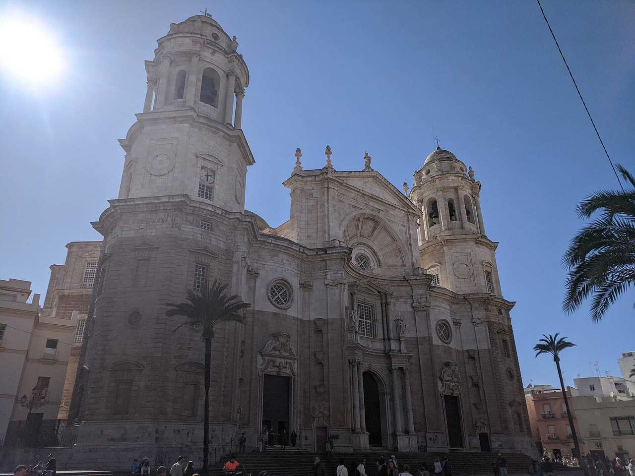 Cádiz Cathedral west facade from the plaza, day, blue sky