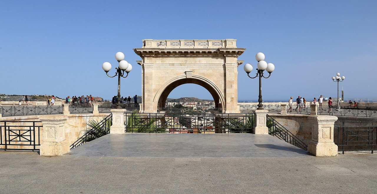 Bastione Saint Remy arch, Cagliari, day, solid blue sky