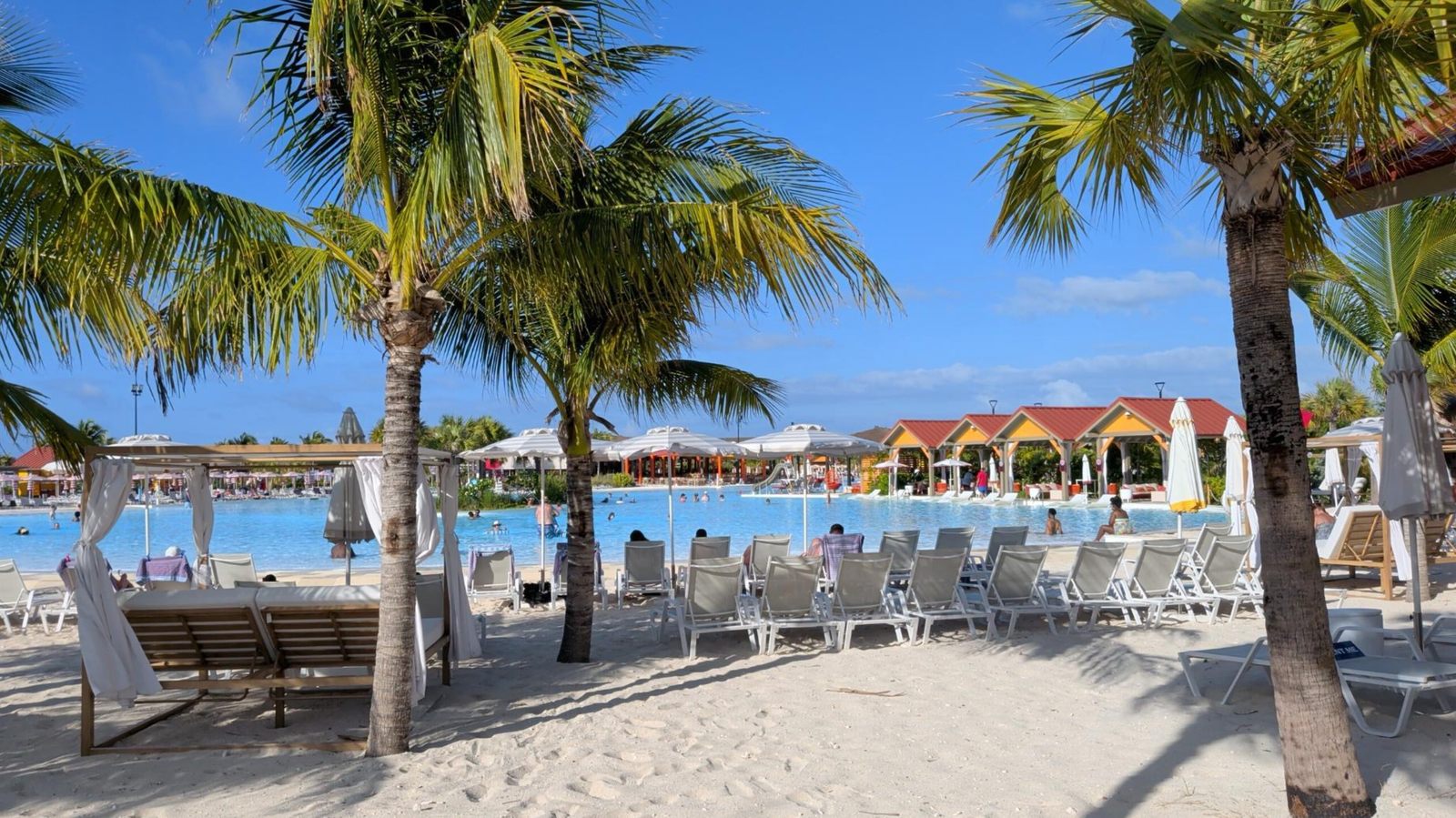 Celebration Key pier and beach resort shoreline on Grand Bahama