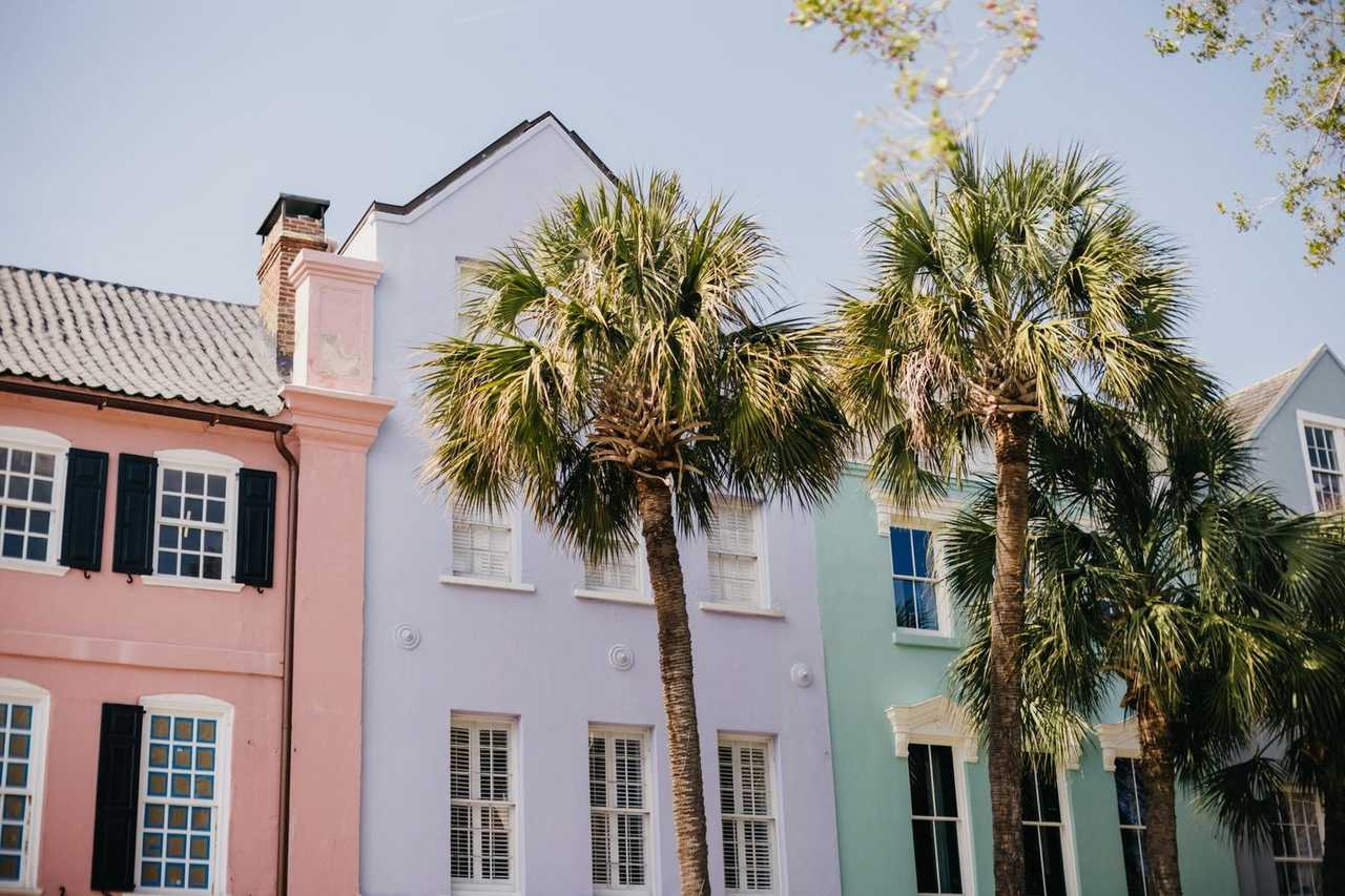 Rainbow Row, Charleston, day, blue sky