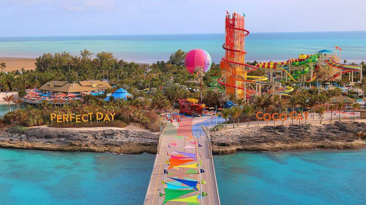 TRADEMARK: Perfect Day at CocoCay / Thrill Waterpark signage; Royal Caribbean crown-and-anchor on tethered balloon (does not fill the frame)