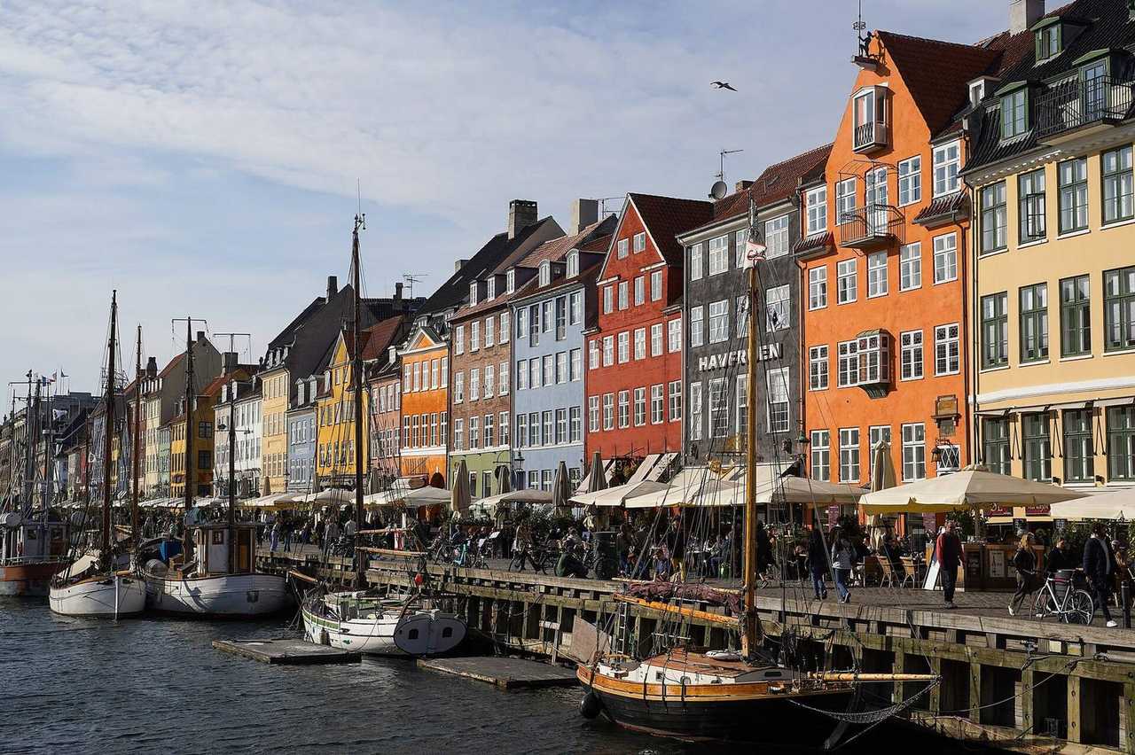 Nyhavn colourful houses and canal boats, day, pale blue sky