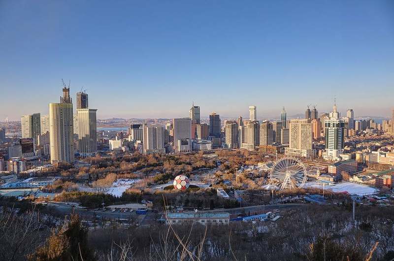 Dalian Zhongshan Square and coastal city edge on the Yellow Sea