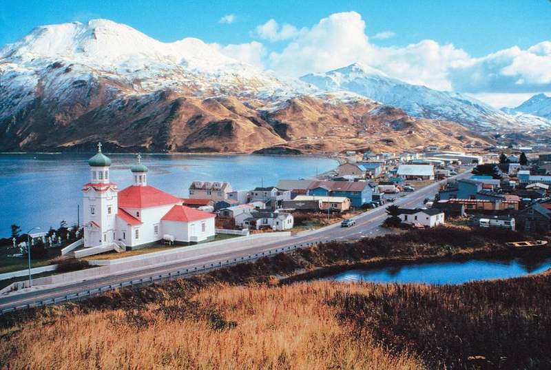 Dutch Harbor working waterfront and hills on Unalaska Alaska
