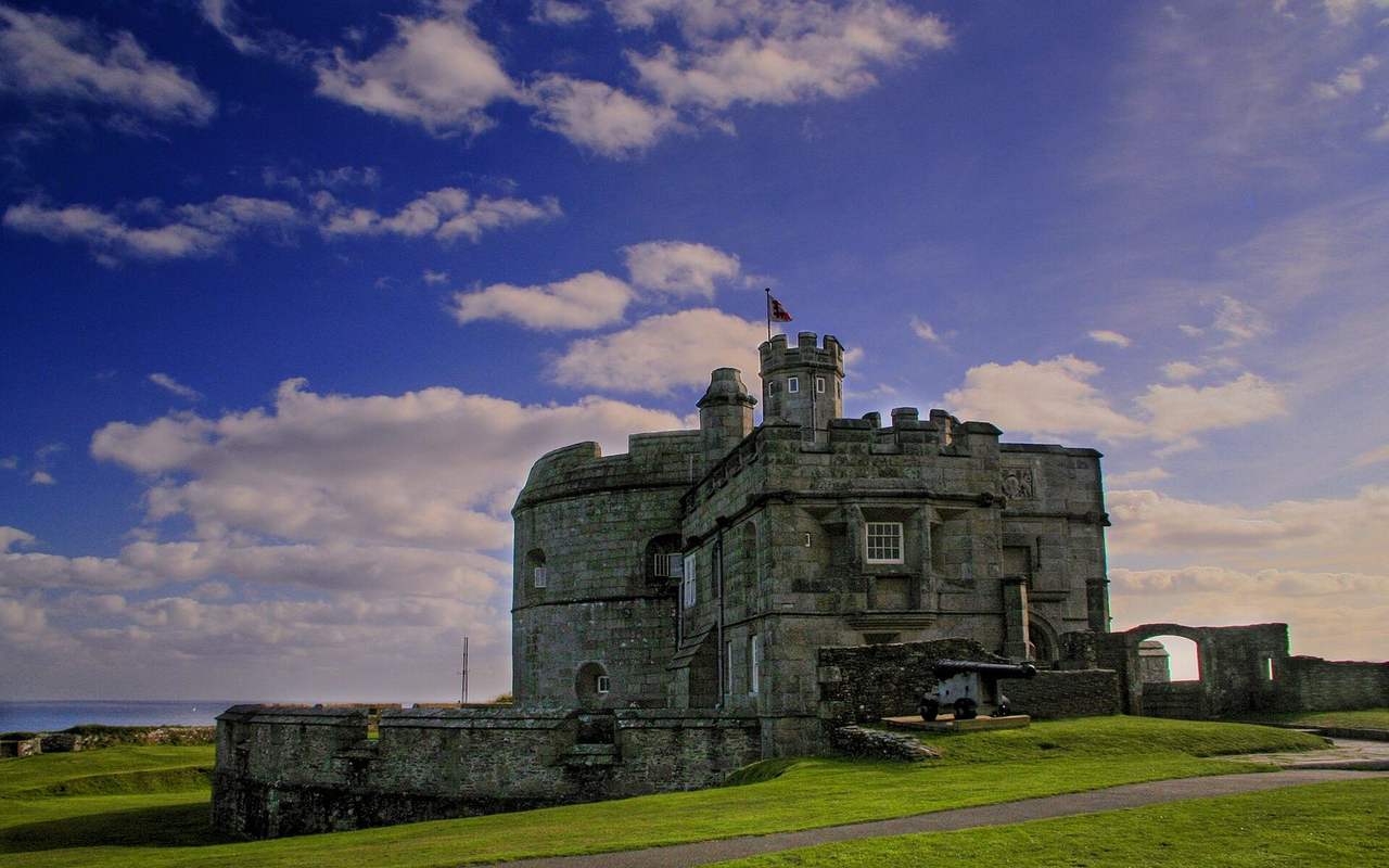 Pendennis Castle, Falmouth, day, blue sky with white clouds