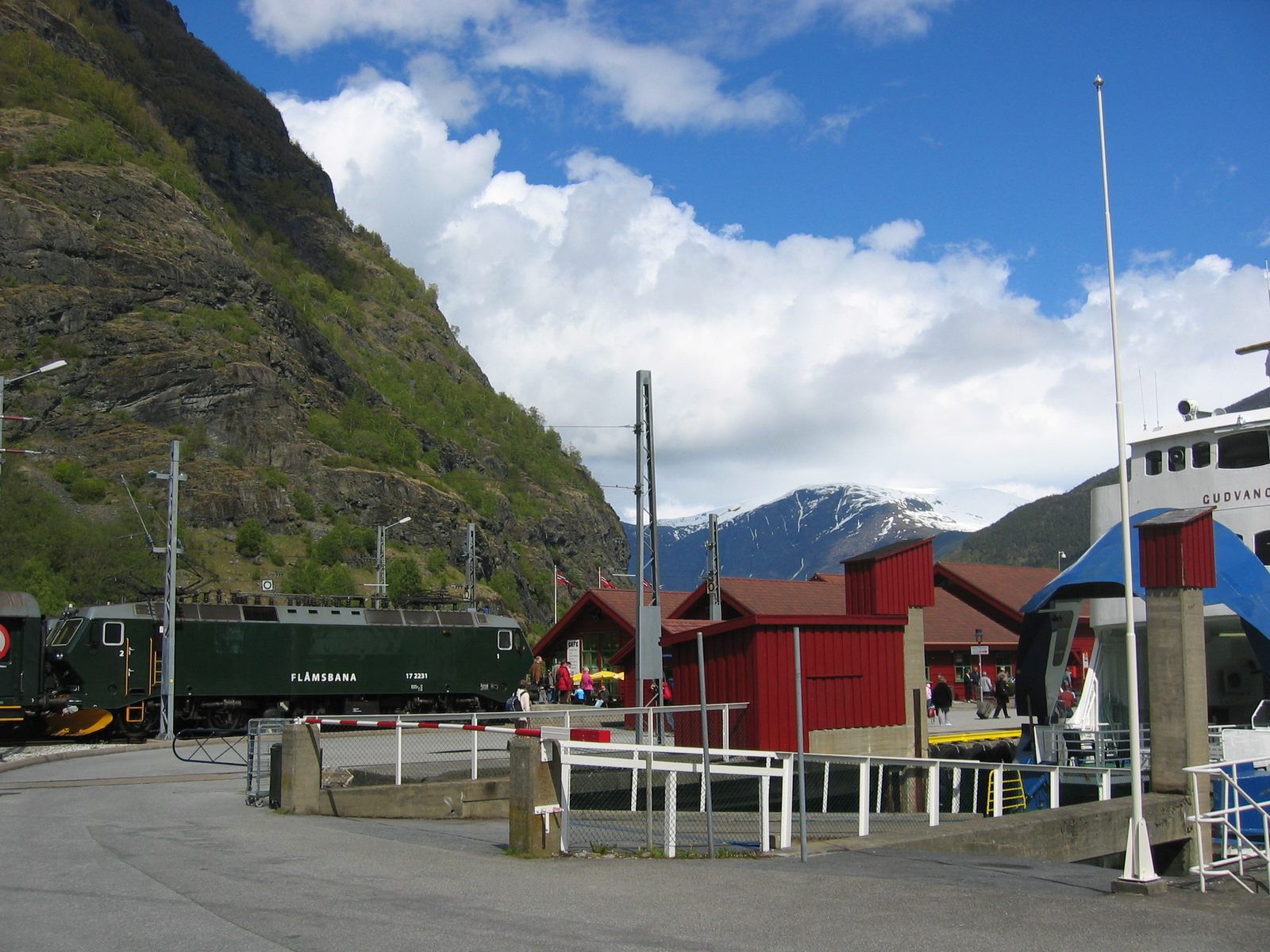 Aurland / Flam village and fjord from Stegastein, day, blue sky