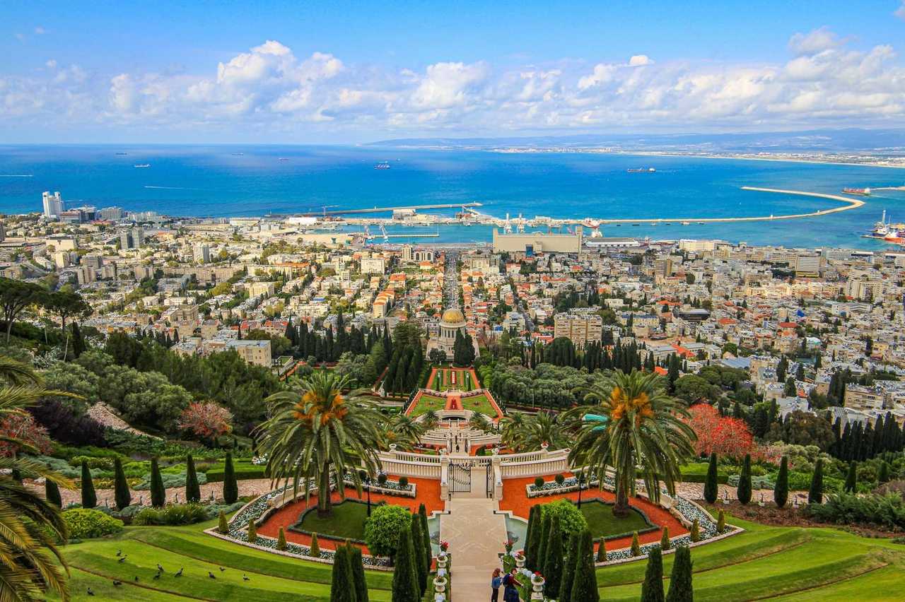 Baháʼí Gardens and Shrine of the Báb overlooking Haifa and the Mediterranean, day, blue sky