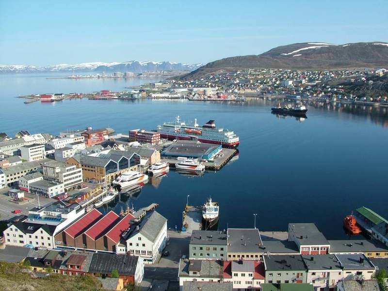Hammerfest harbour and Arctic town shoreline in Finnmark