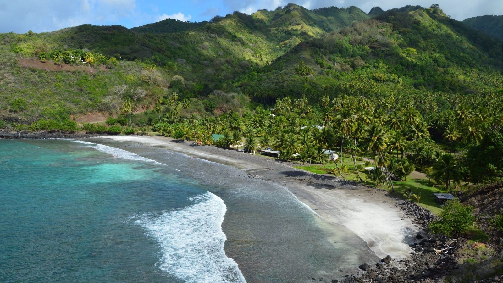 Atuona bay and hills on Hiva Oa in the Marquesas French Polynesia