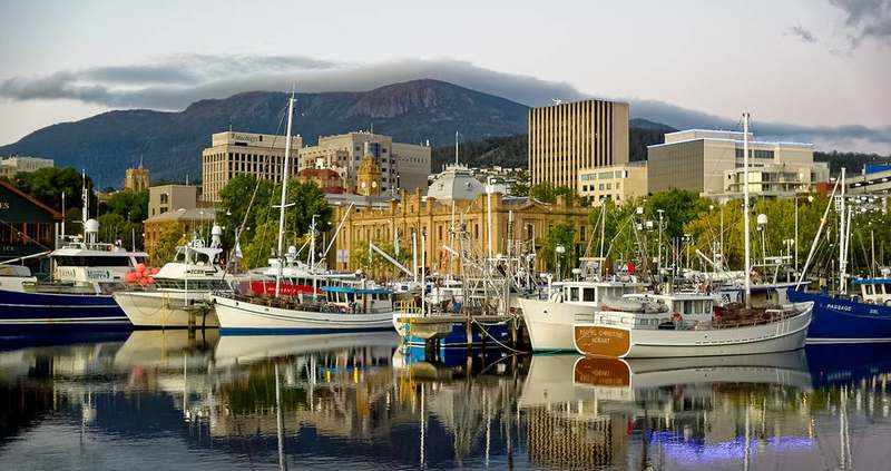 Hobart waterfront and Sullivan's Cove with kunanyi Mount Wellington beyond