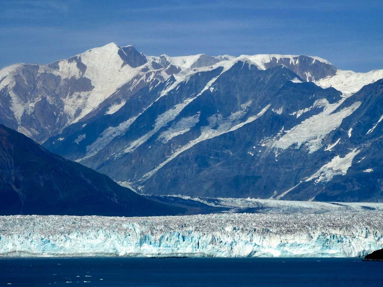Hubbard Glacier and mountains, day, blue sky