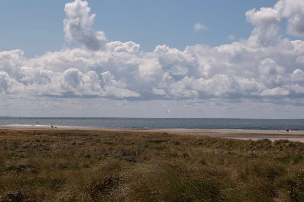 IJmuiden North Sea beach and dunes under bright day sky with cumulus