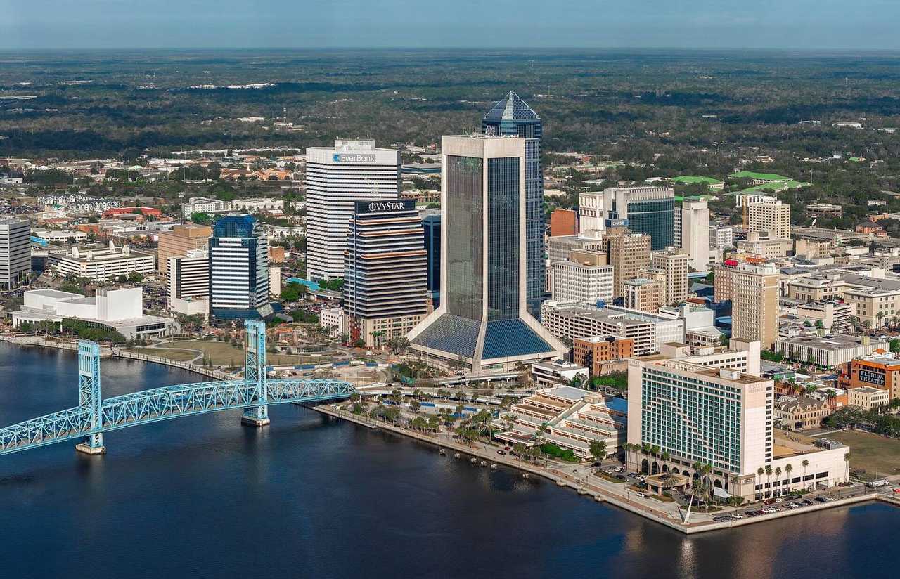 Jacksonville skyline on the St Johns River, day, pale blue sky