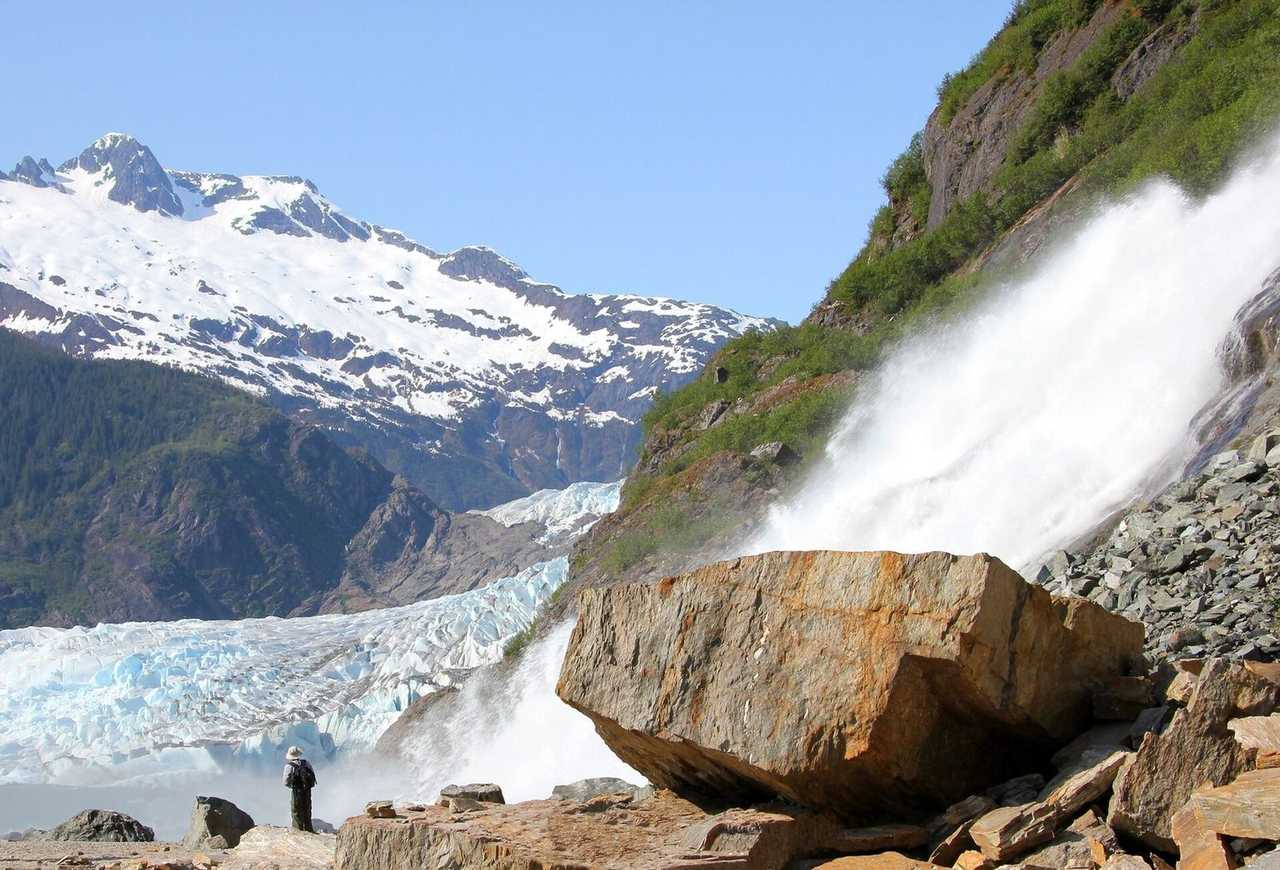 Mendenhall Glacier and Nugget Falls, landscape, day, blue sky