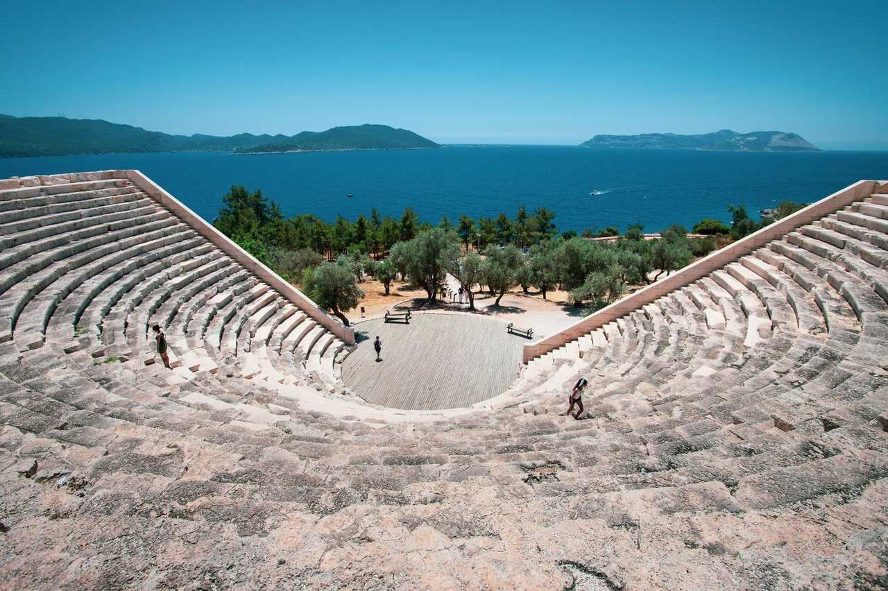 Ancient Antiphellos theatre overlooking the Mediterranean, Kaş, day, solid blue sky