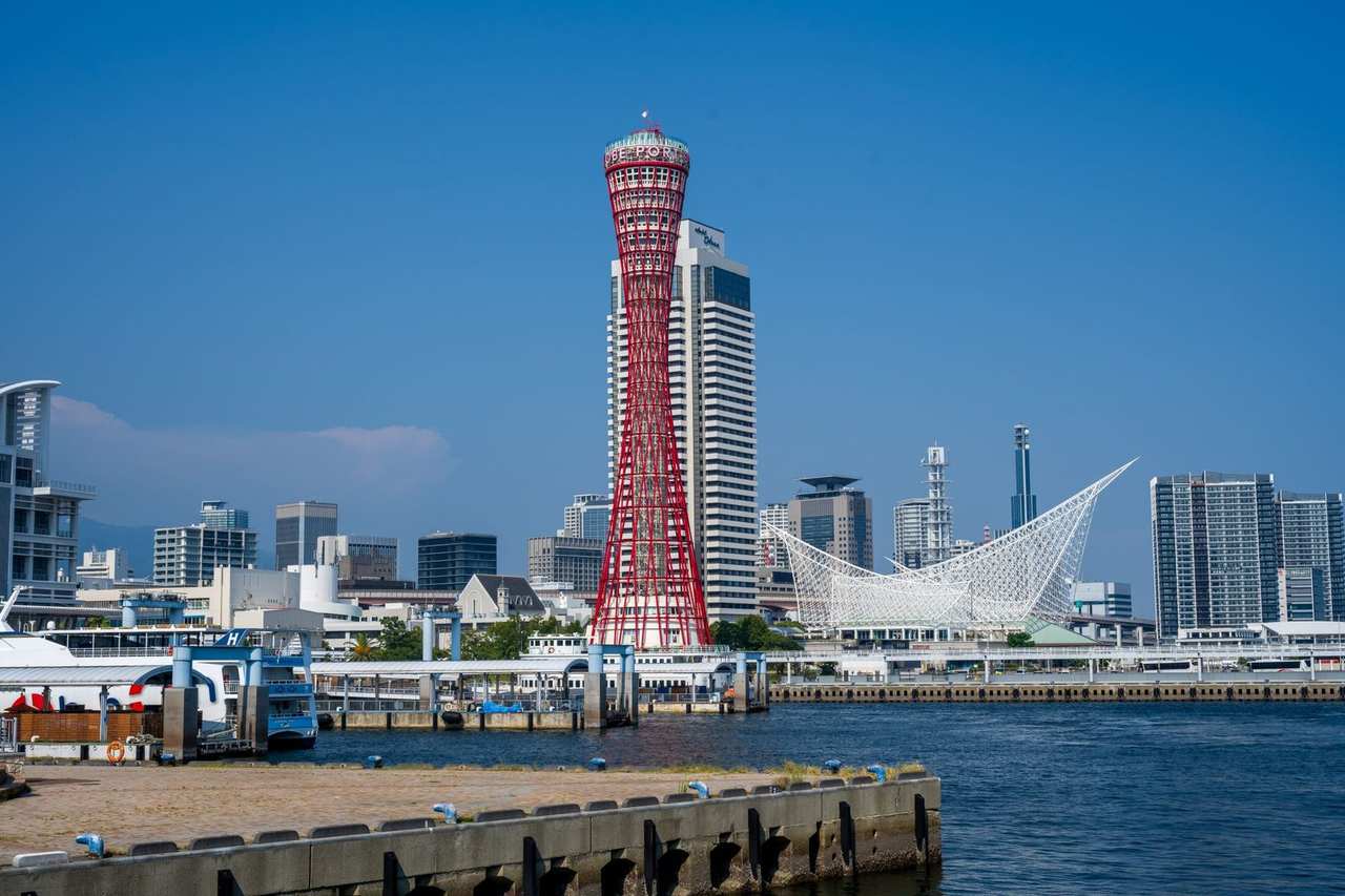 Kobe Port Tower and Maritime Museum, day, deep blue sky