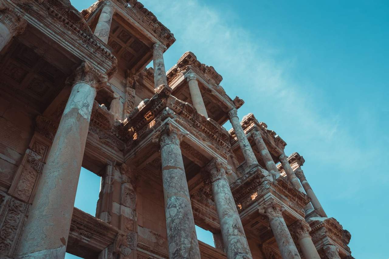 Library of Celsus columns, Ephesus (Kusadasi call), day, clear blue sky