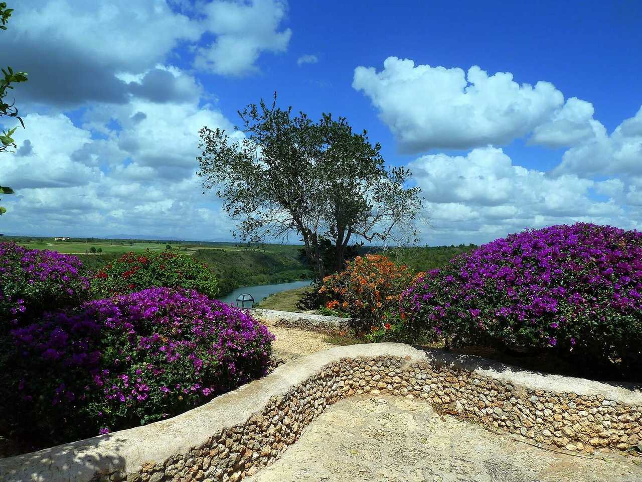 Altos de Chavón terrace overlook, La Romana, day, blue sky with cumulus