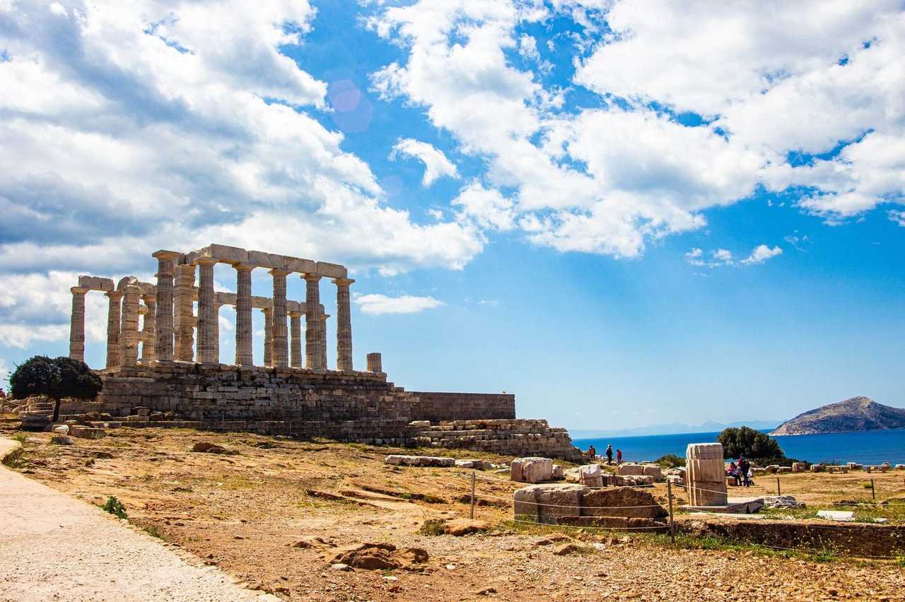 Temple of Poseidon at Cape Sounion, day, blue sky