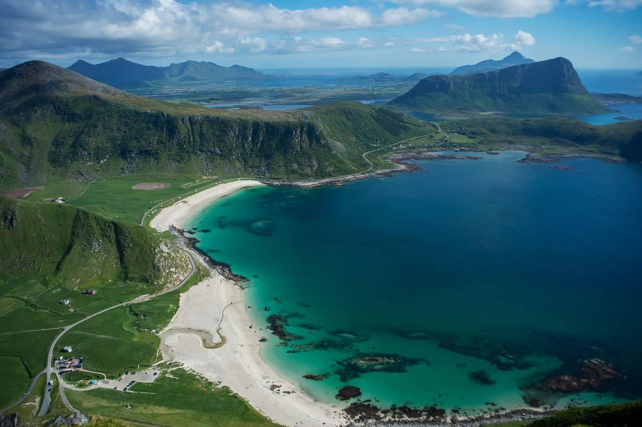 Haukland Beach near Leknes, Lofoten, turquoise water, day, blue sky