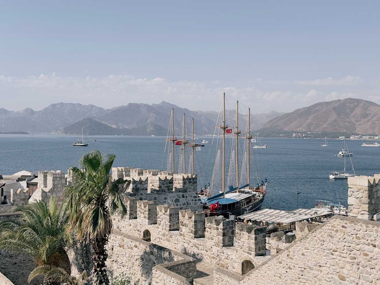 Marmaris Castle battlements overlooking the bay, day, blue sky