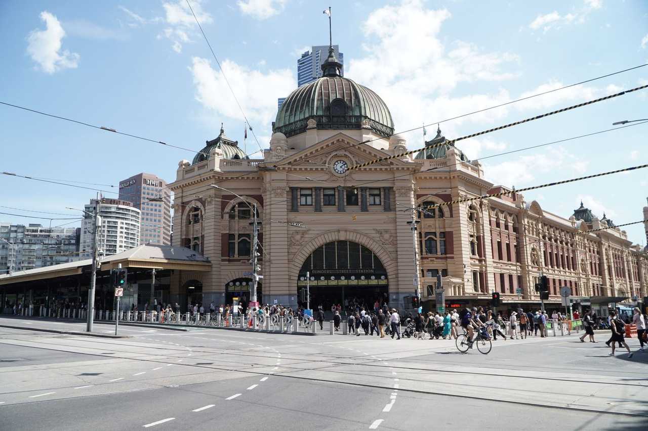 Flinders Street Station dome and facade, Melbourne, day, bright blue sky