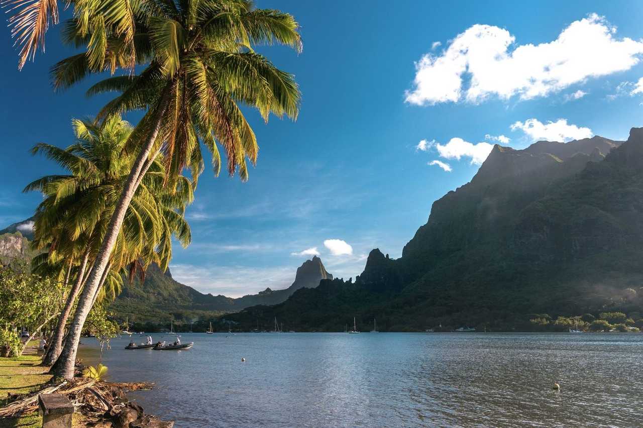 Cook's Bay / Opunohu peaks and lagoon, Moorea, day, blue sky with white clouds