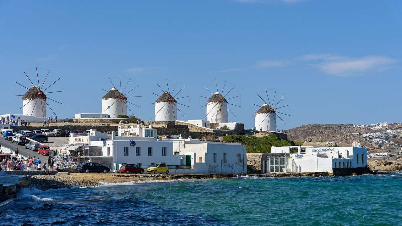 Kato Mili windmills on the hillside, Mykonos, day, solid blue sky