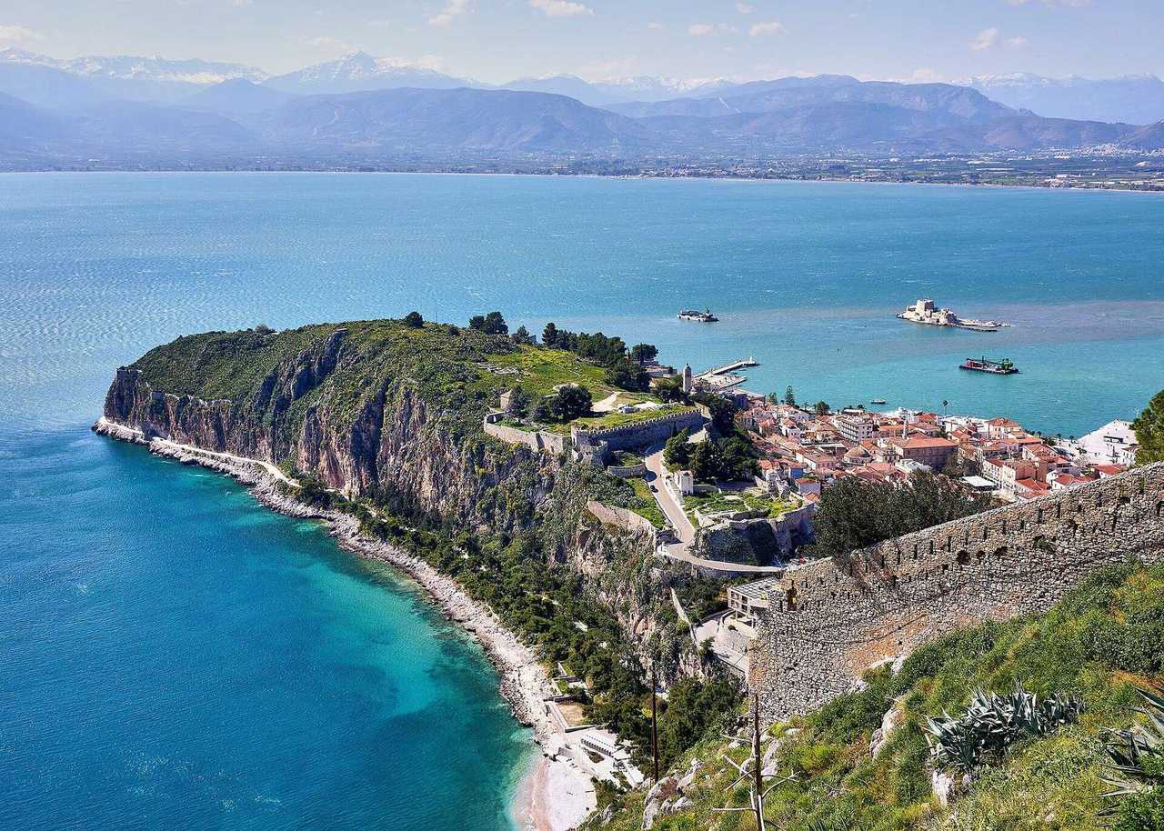 Nafplio old town, Akronauplia and Bourtzi from Palamidi, day, blue sky