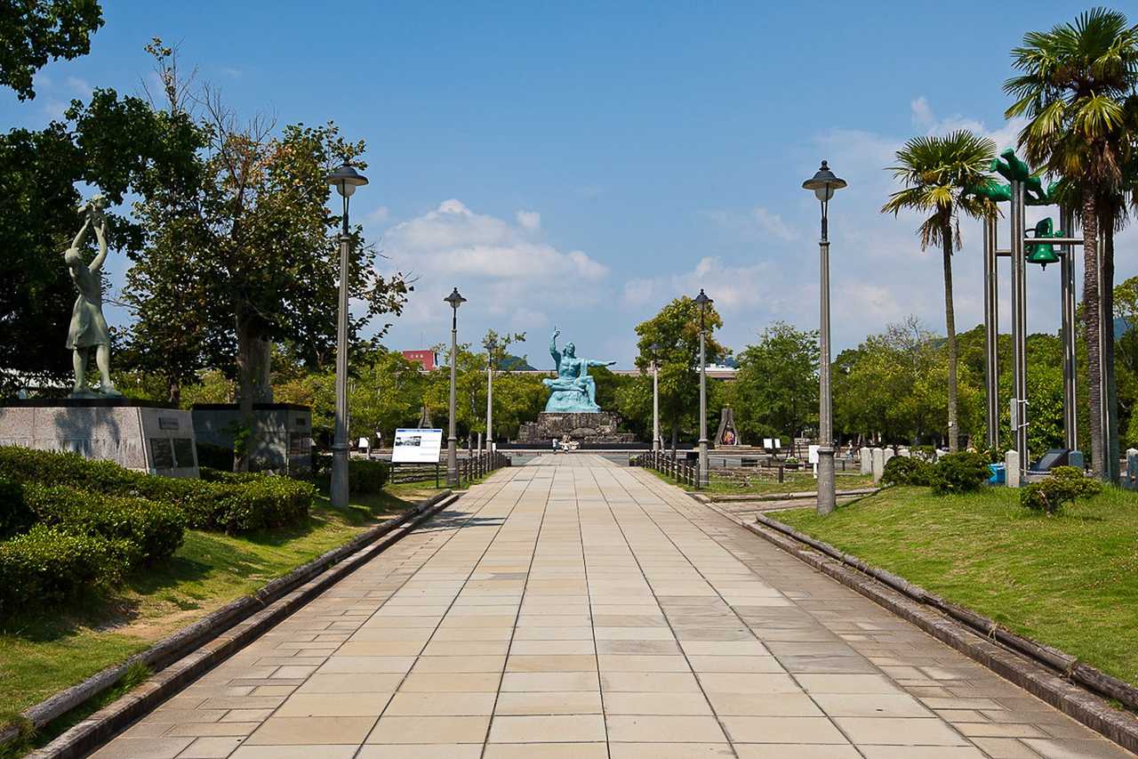 Nagasaki Peace Park approach to Peace Statue, day, clear blue sky