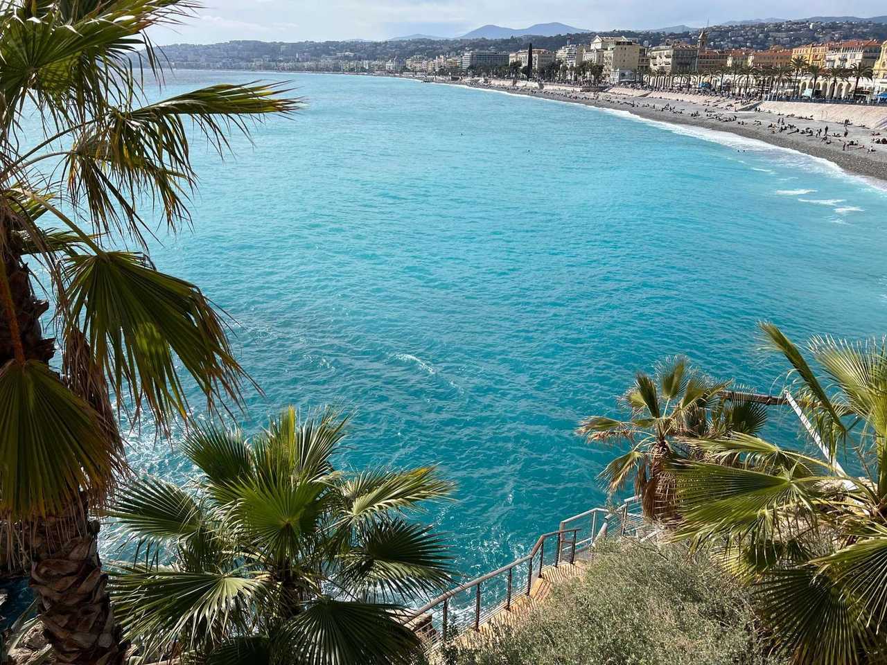 Baie des Anges and Promenade des Anglais from Colline du Château, Nice, day, blue sky