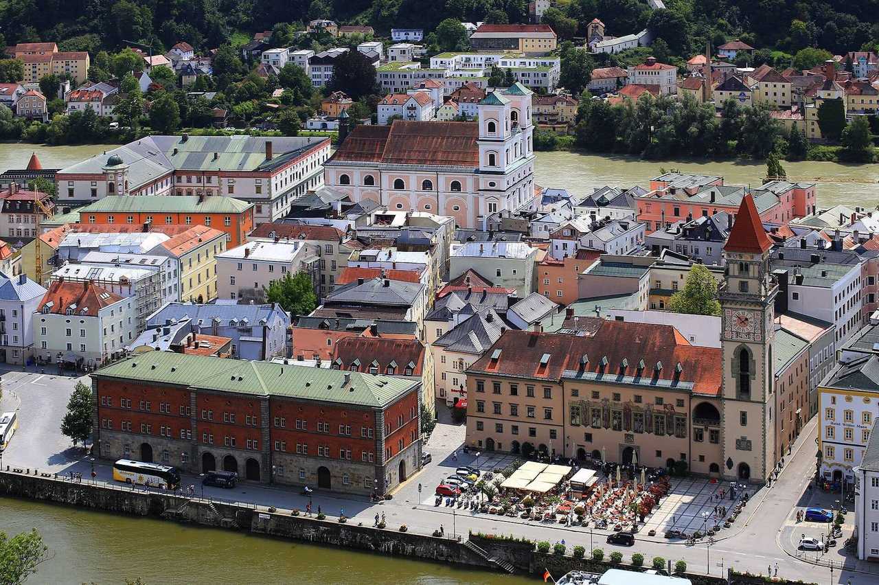 Passau Altstadt from Veste Oberhaus: Rathaus, St
