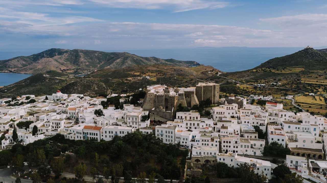 Chora and Monastery of Saint John the Theologian, Patmos, day, blue sky