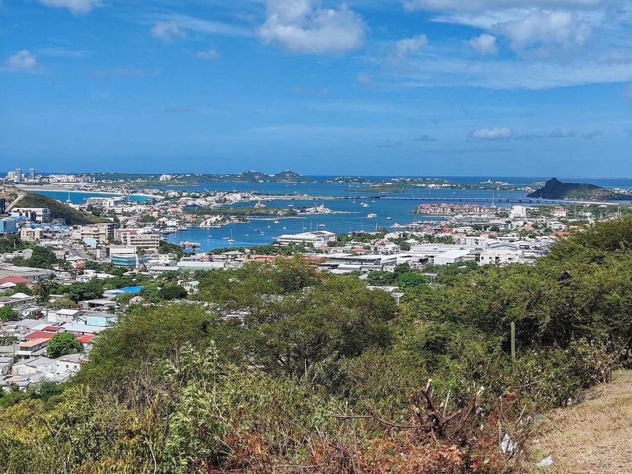 Simpson Bay lagoon and coastline from Cole Bay hills, St