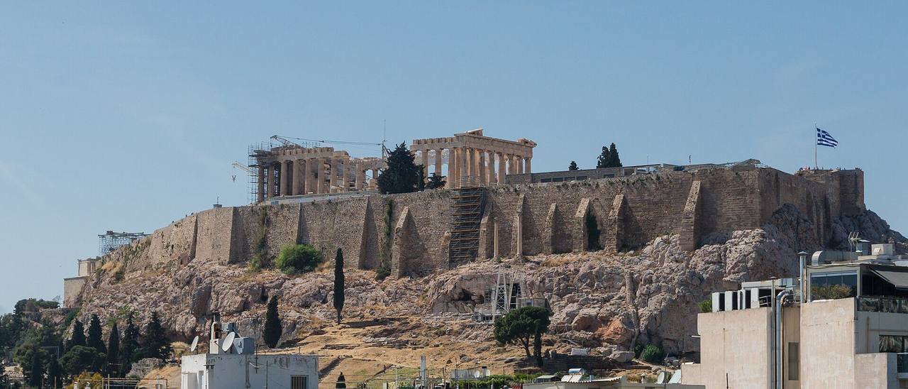 Wide Acropolis / Parthenon from the city, day, pale blue sky