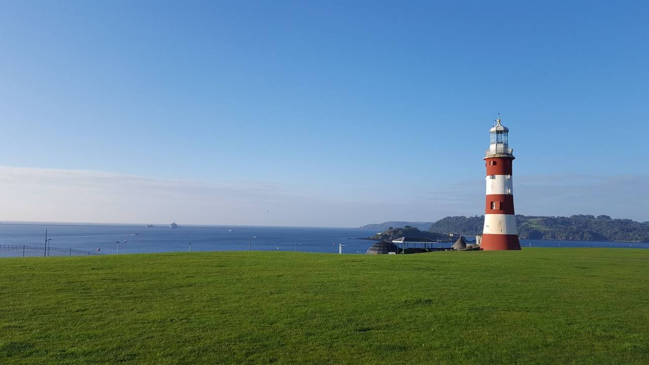 Smeaton's Tower on Plymouth Hoe, day, solid blue sky