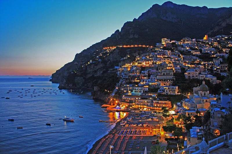 Positano pastel cliffs and Spiaggia Grande beach on the Amalfi Coast