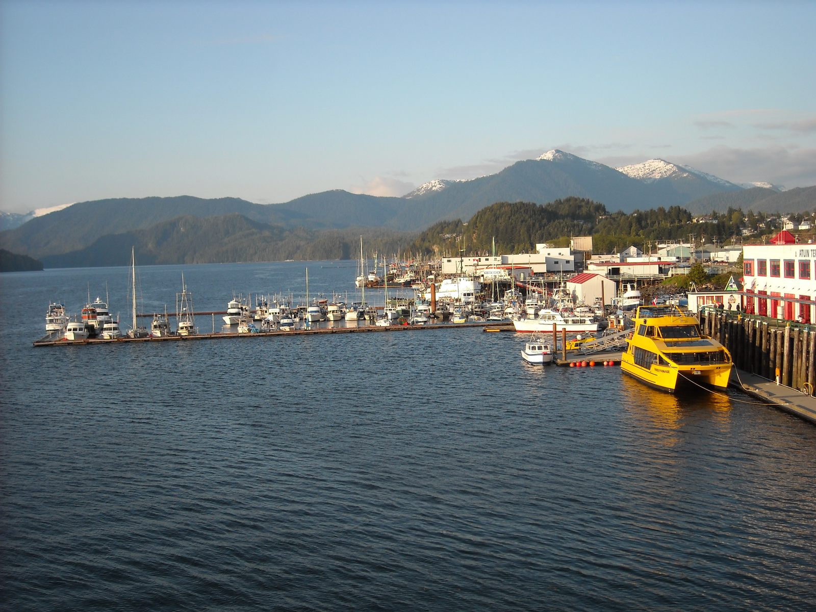 Cow Bay harbour boards and brightly painted buildings in Prince Rupert