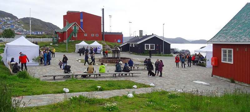 Qaqortoq colourful harbour houses and town square in South Greenland
