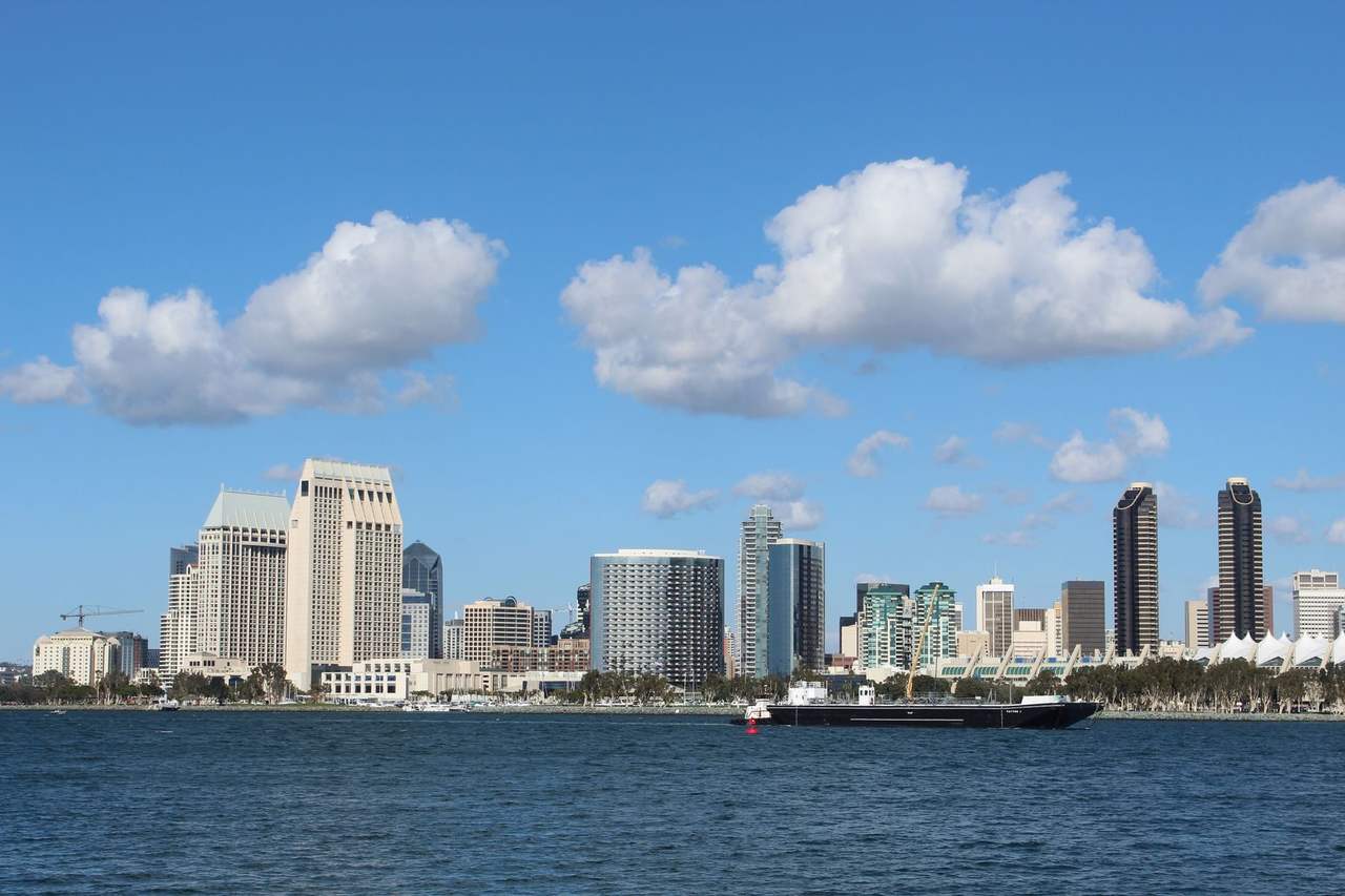 San Diego downtown skyline from the bay, day, blue sky