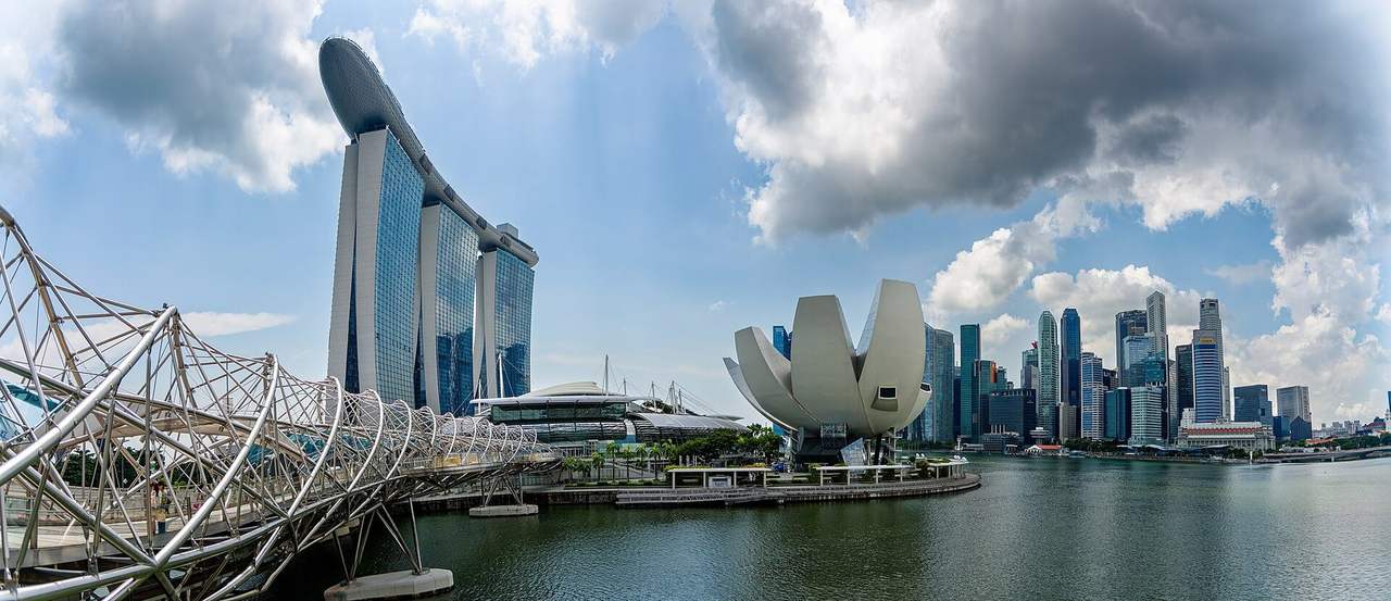 TRADEMARK: Daytime Marina Bay — Helix Bridge, Marina Bay Sands, ArtScience Museum, CBD