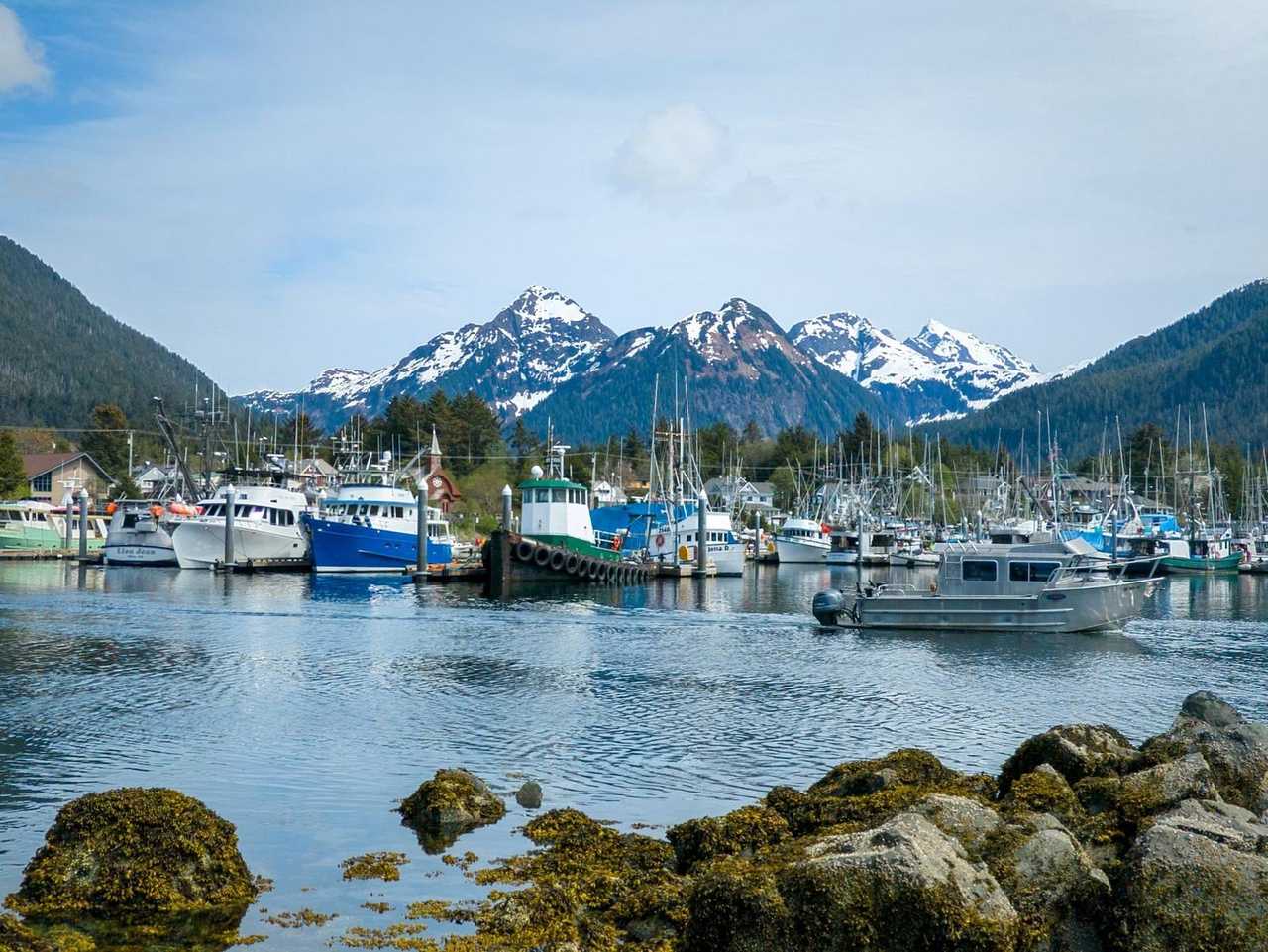 Sitka harbor and mountains, day, blue sky