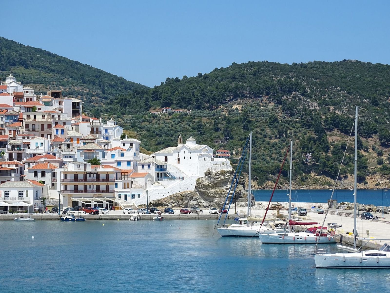 Skopelos Chora whitewashed houses above a pine-green Sporades harbour