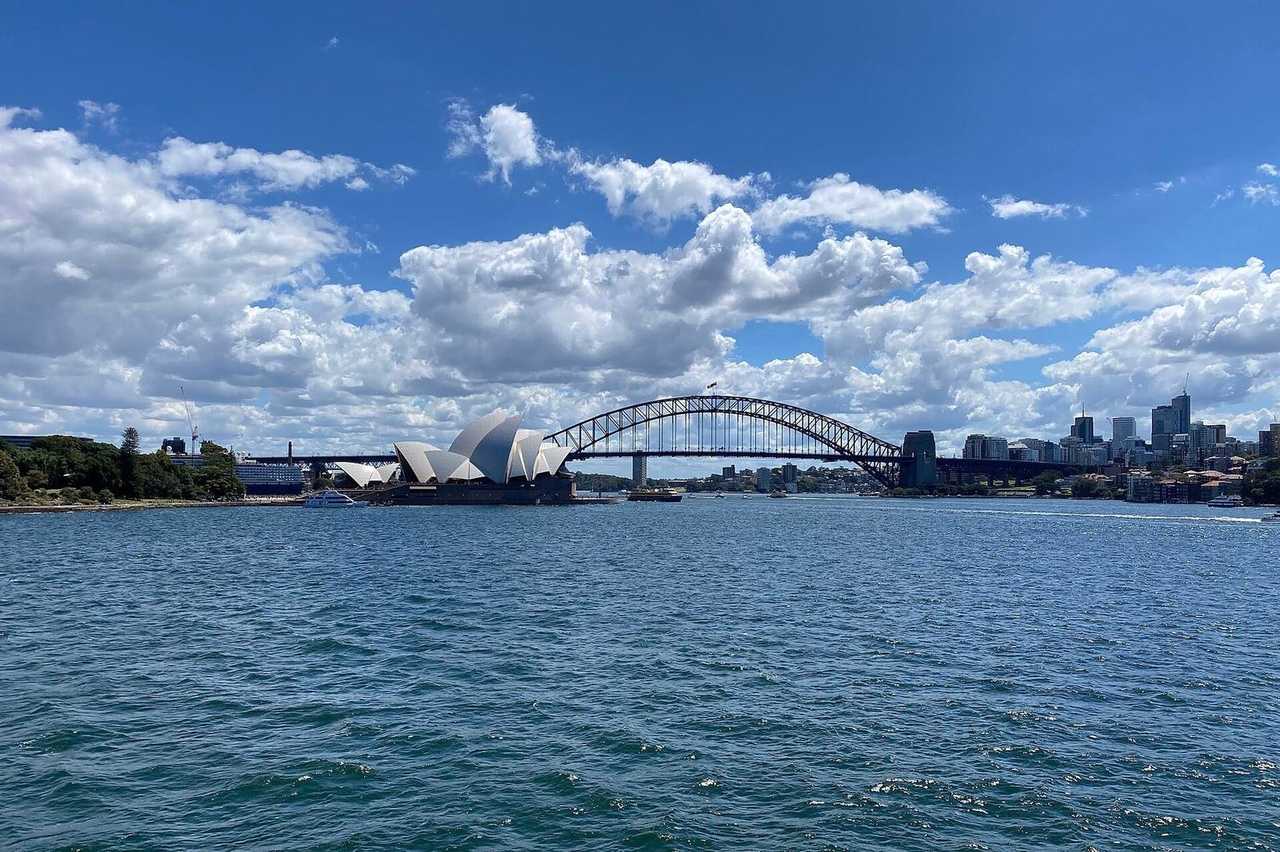 Sydney Opera House and Harbour Bridge together from Farm Cove / harbour, day, blue sky with cumulus