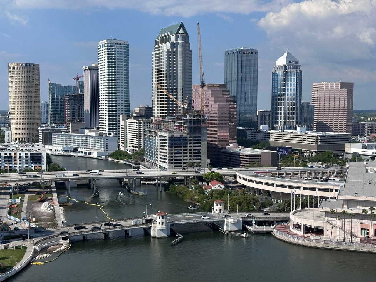 Tampa downtown skyline and Hillsborough River, day, blue sky