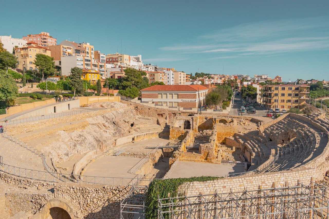 Roman amphitheatre, Tarragona, day, pale blue sky